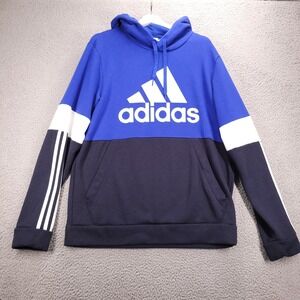 ADIDAS Sweater Mens Size LARGE Essentials Fleece Blue Colorblock Logo Hoodie